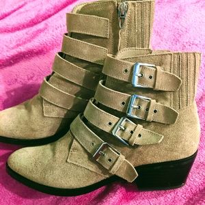 Suede Tan Ankle Boots, Buckles and Straps.